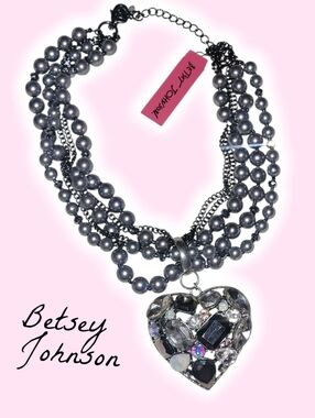 Betsey Johnson Gray Multi-Strand Pearl Necklace with Heart Crystal Pendant